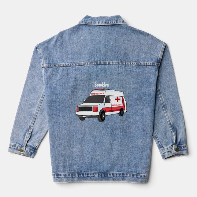 Cute red ambulance van cartoon  denim jacket (Back)