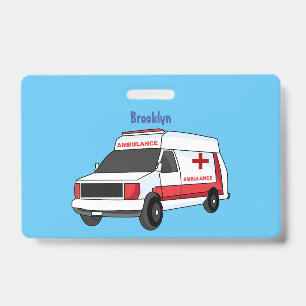 Cute red ambulance van cartoon ID badge