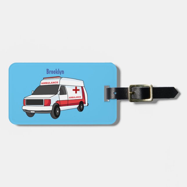 Cute red ambulance van cartoon luggage tag (Front Horizontal)