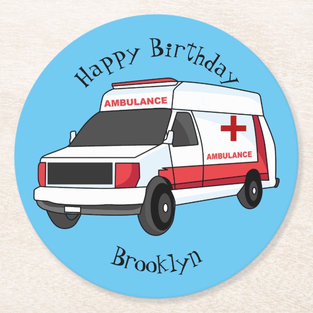 Cute red ambulance van cartoon round paper coaster (Front)