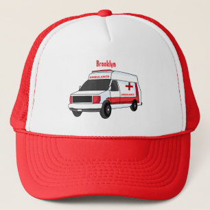 Cute red ambulance van cartoon trucker hat