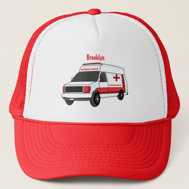 Cute red ambulance van cartoon trucker hat (Front)