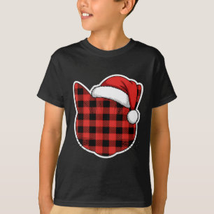 Cute Red And Black Buffalo Plaid Cat Christmas San T-Shirt