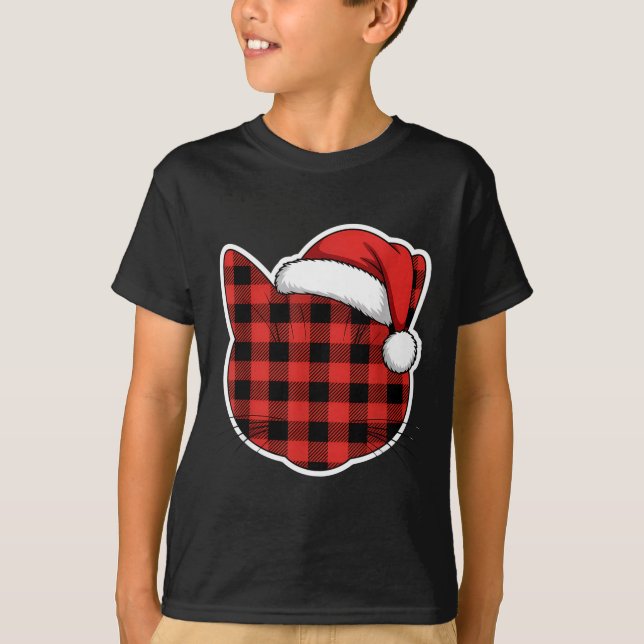 Cute Red And Black Buffalo Plaid Cat Christmas San T-Shirt (Front)