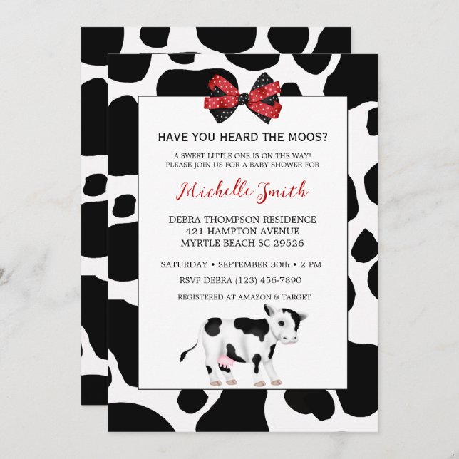 Cute Red and Black Cow Print Baby Shower   Invitation (Front/Back)