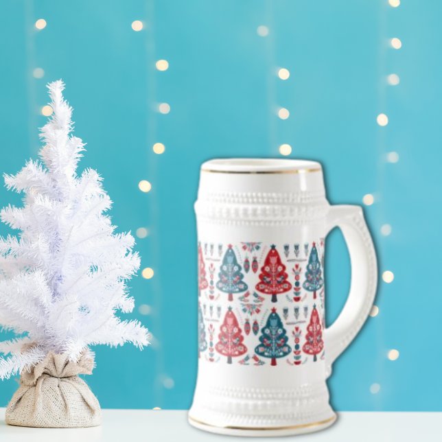 Cute Red and Blue Christmas Tree Nordic Pattern Beer Stein (Creator Uploaded)