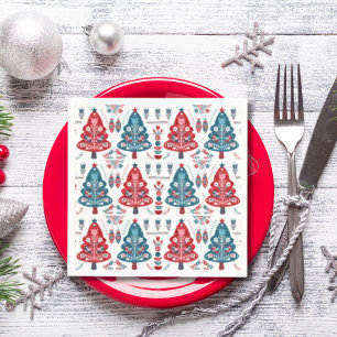 Cute Red and Blue Christmas Tree Nordic Pattern Napkin