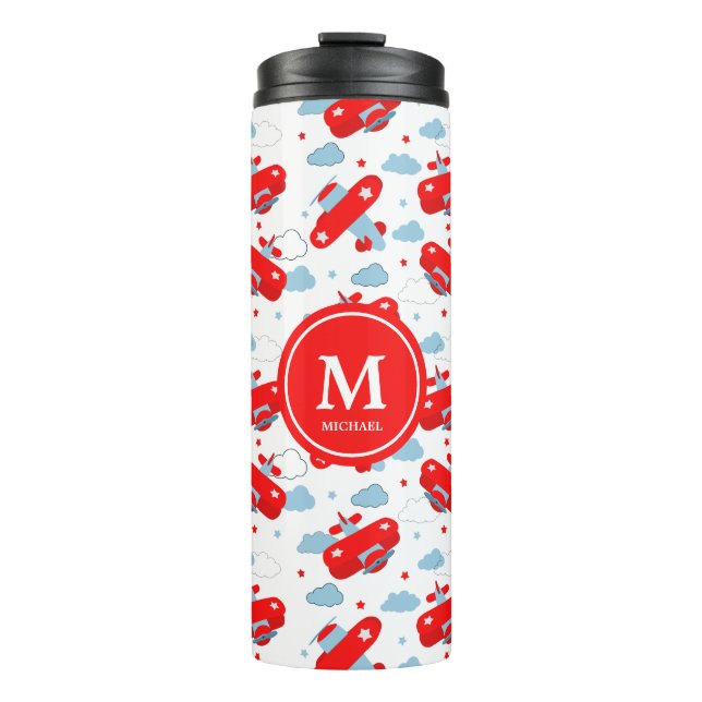 Cute Red and Blue Planes and Clouds Kids Monogram Thermal Tumbler (Front)