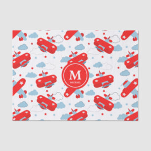 Cute Red and Blue Planes and Clouds Kids Monogram Tissue Paper
