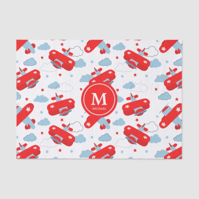 Cute Red and Blue Planes and Clouds Kids Monogram Tissue Paper (Front)