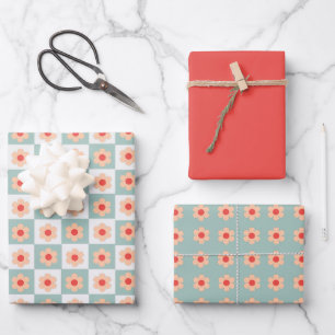 Cute Red And Blue Retro Floral Chequered Wrapping Paper Sheet