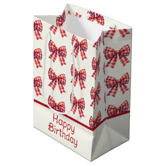 Cute Red and Cream Gingham Bow Medium Gift Bag