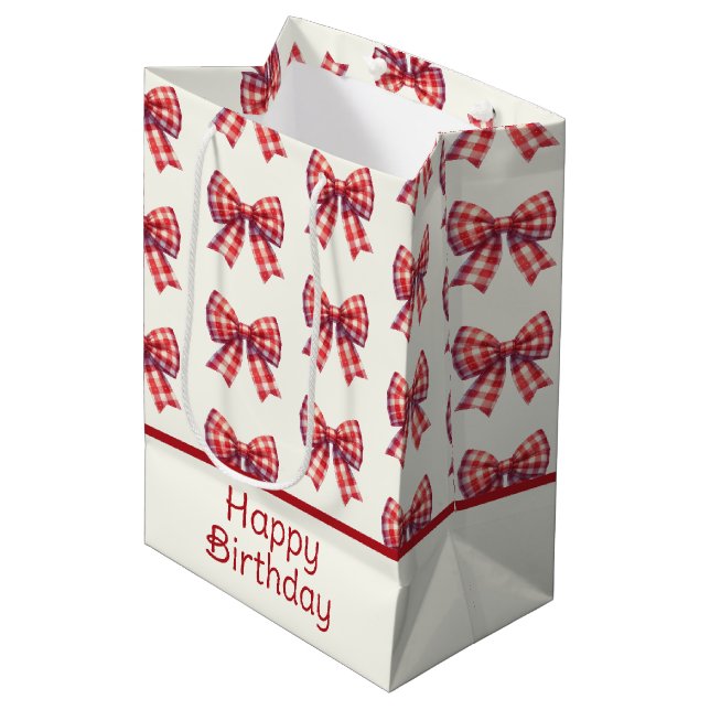 Cute Red and Cream Gingham Bow Medium Gift Bag (Front Angled)