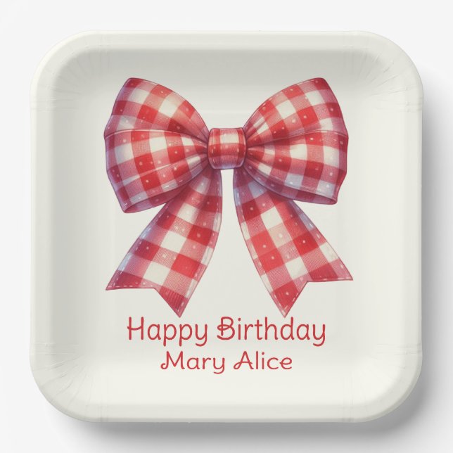 Cute Red and Cream Gingham Bow Paper Plate (Front)