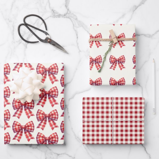 Cute Red and Cream Gingham Bow Wrapping Paper Sheet (Front)
