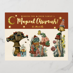 Cute Red and Gold Merry Magic Mushroom Christmas  Foil Holiday Postcard