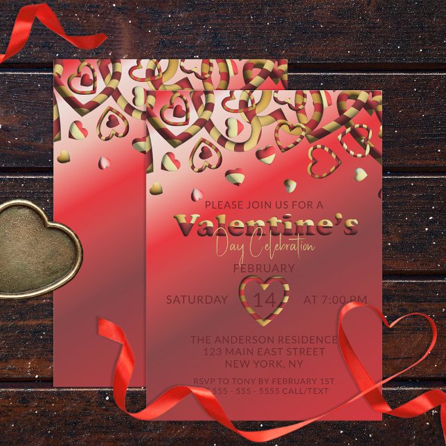 Cute Red And Gold Striped Hearts Valentine's Day  Invitation (Creator Uploaded)