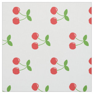 Cute Red and Green Cherries on White Fabric