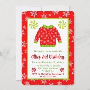 Cute Red and Green Christmas Jumper Birthday Invitation