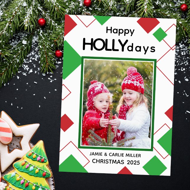 Cute Red and Green Happy Hollydays Kids Christmas Holiday Card (modern red white and green happy holly days christmas card with geometric shapes for kids family)