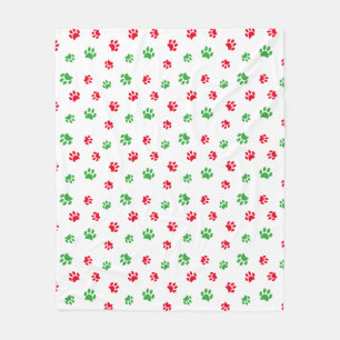 Cute Red and Green Paw Prints Pattern Holiday Fleece Blanket