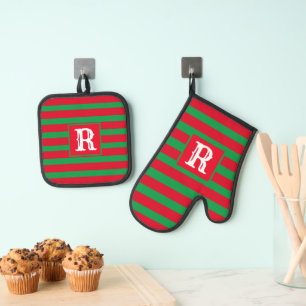 Cute Red and Green Striped Design Single Initial Oven Mitt & Pot Holder Set