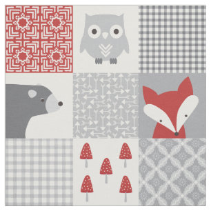 Cute Red and Grey Woodland Animals Patchwork Fabric