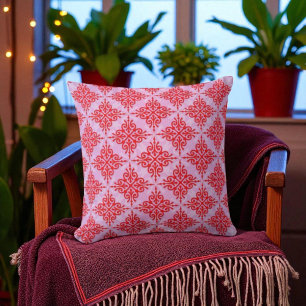 Cute Red and PInk Damask Pattern Cushion