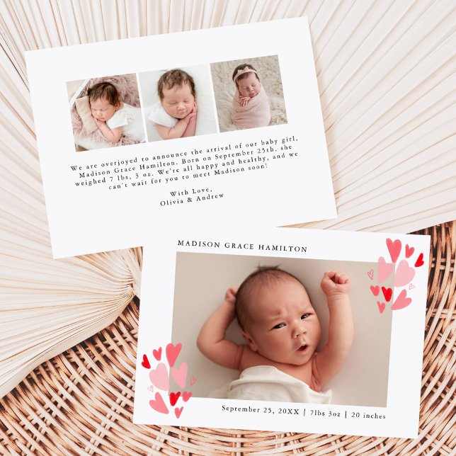 Cute Red and Pink Hearts Photo Birth Announcement (Creator Uploaded)