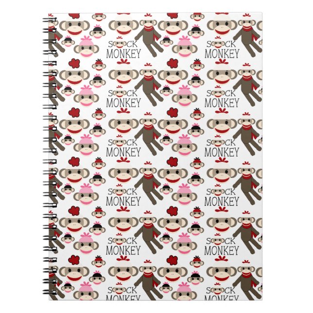 Cute Red and Pink Sock Monkeys Collage Pattern Spiral Notebook (Front)