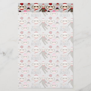 Cute Red and Pink Sock Monkeys Collage Pattern Stationery