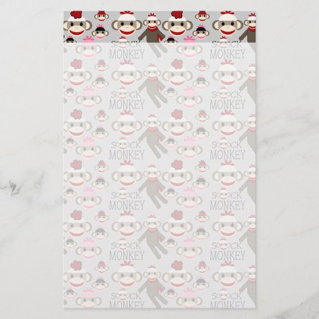 Cute Red and Pink Sock Monkeys Collage Pattern Stationery (Front)
