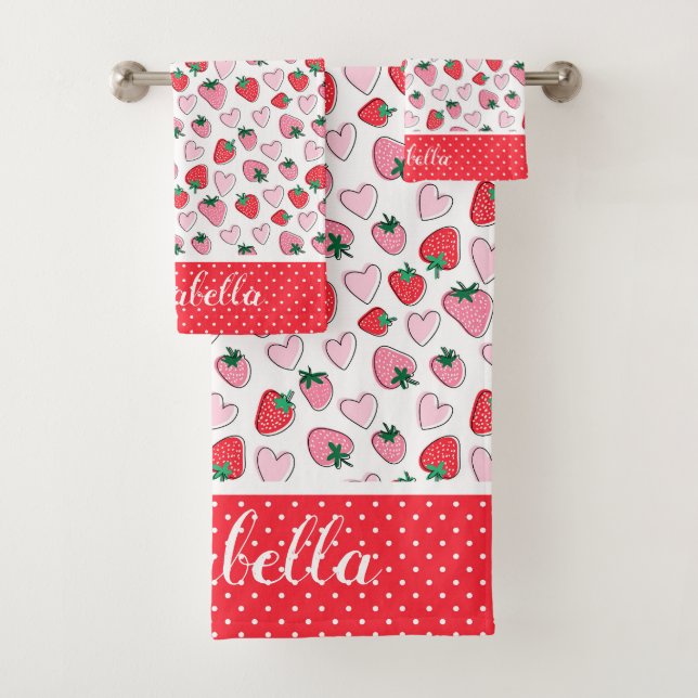 Cute Red and Pink Strawberry Pattern Personised Bath Towel Set (Insitu)