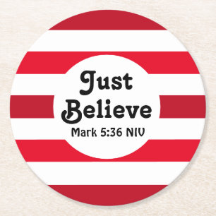 Cute Red and White Believe Festive Christmas Round Paper Coaster