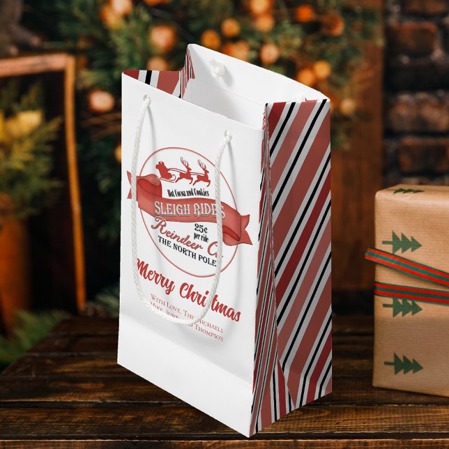 Cute Red and White Custom Christmas Small Gift Bag (Merry Christmas gift bag with whimsical Santa Sleigh Rides. )