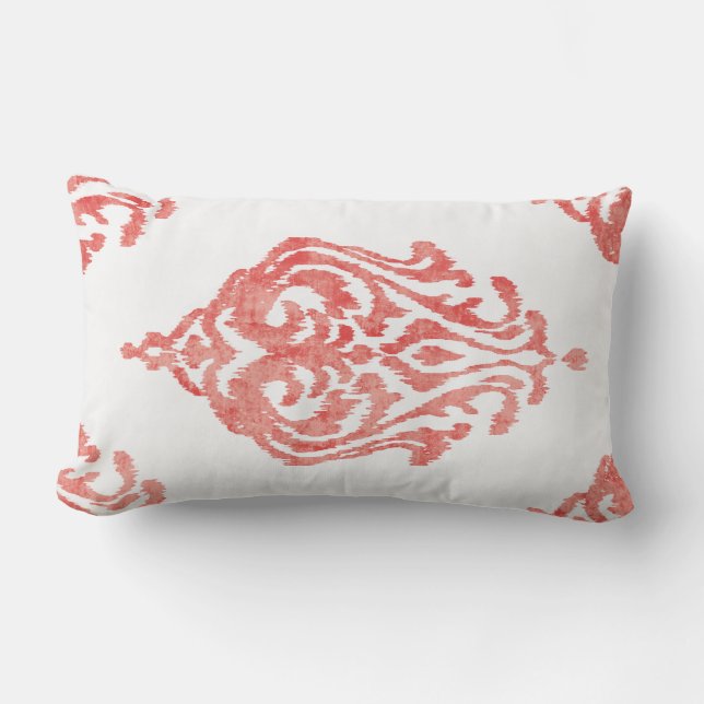 Cute red and white damask ikat tribal patterns lumbar cushion (Front)