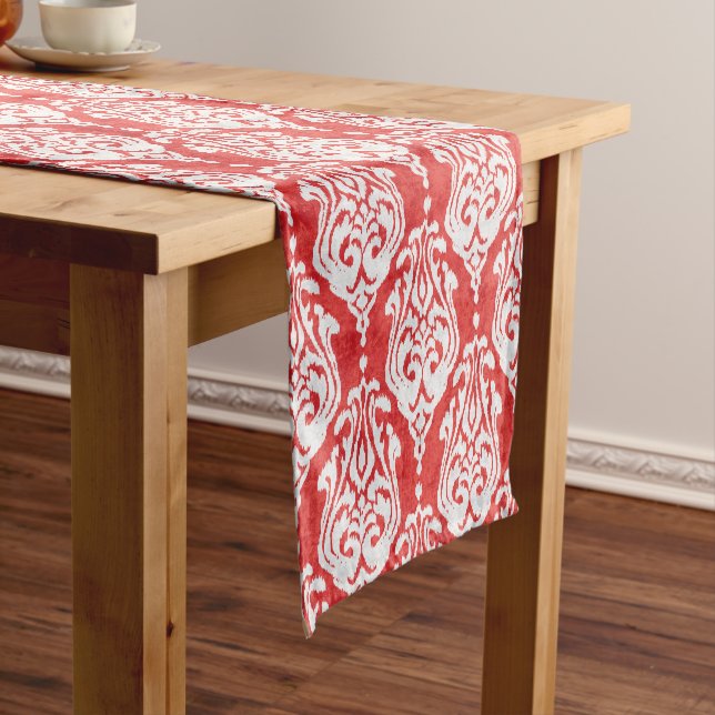 Cute red and white damask ikat tribal patterns short table runner (In Situ)