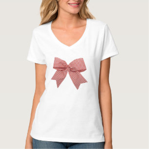 Cute Red and White Gingham Plaid Ribbon Bow V-Neck T-Shirt