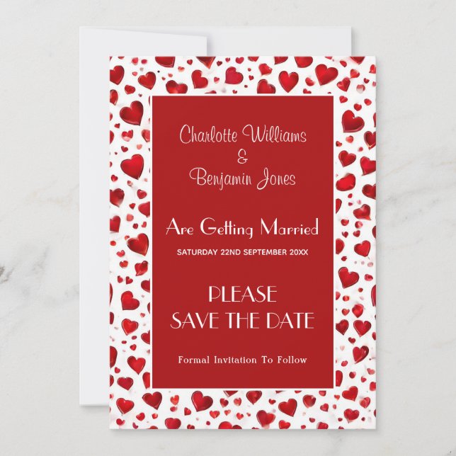 Cute Red And White Hearts Wedding Save The Date (Front)