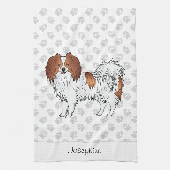 Cute Red And White Phalène Dog With Custom Name Tea Towel (Vertical)