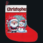 Cute Red And White Santa And Snowman Large Christmas Stocking<br><div class="desc">Cute red and white Christmas stocking. In a white band at the top of the stocking is a template in black text on the front to add a name and a template on the back to add your Christmas message. On the front is a cute whimsical Christmas illustration featuring a...</div>