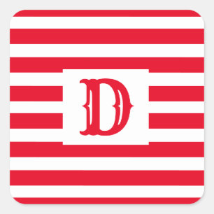 Cute Red and White Striped Design Single Initial Square Sticker