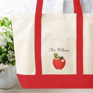 cute red apple & book worm, Teacher Appreciation Tote Bag