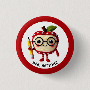 Cute Red Apple Character with Pencil Teacher Name 3 Cm Round Badge