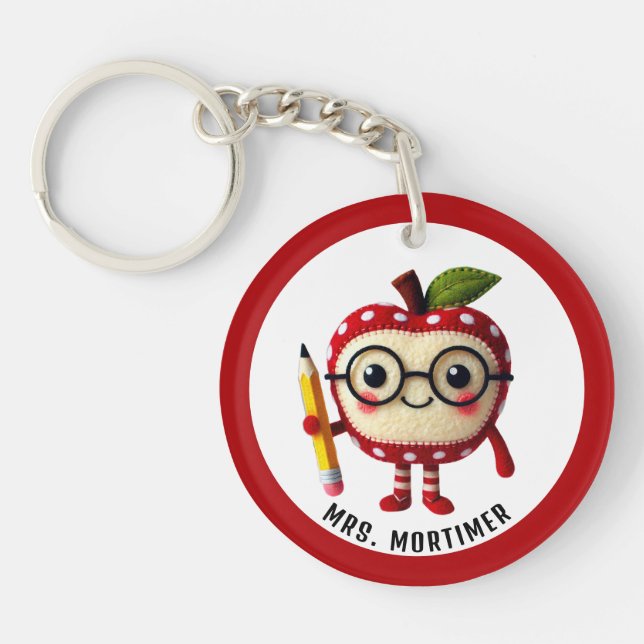 Cute Red Apple Character with Pencil Teacher Name Key Ring (Front)
