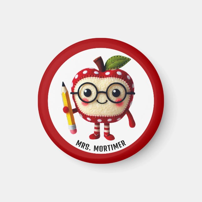 Cute Red Apple Character with Pencil Teacher Name Magnet (Front)
