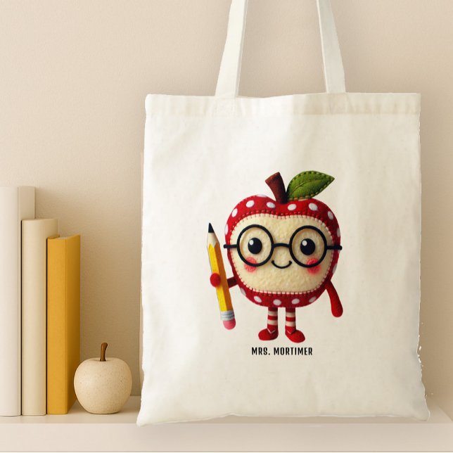 Cute Red Apple Character with Pencil Teacher Name Tote Bag (tote back for teachers with a cute apple man character holding a pencil. Add a name)
