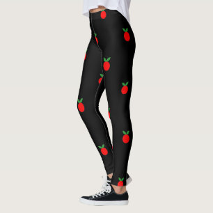 Cute red apple fruit print on black leggings