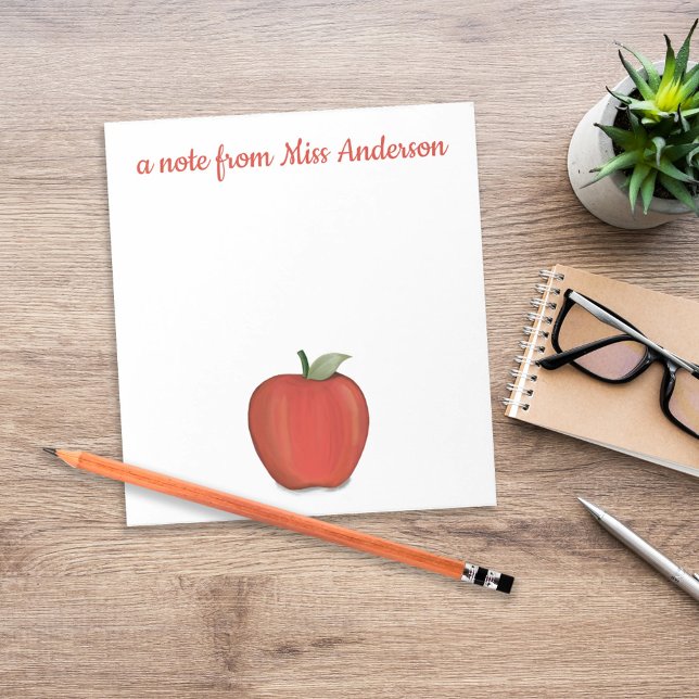Cute Red Apple Simple Teacher Whimsical Class  Notepad (Personalized teacher apple desk stationery with custom classroom name header.)