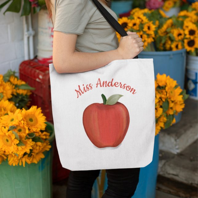 Cute Red Apple Teacher Personalised  Tote Bag (Teacher watercolor apple personalized tote bag.)